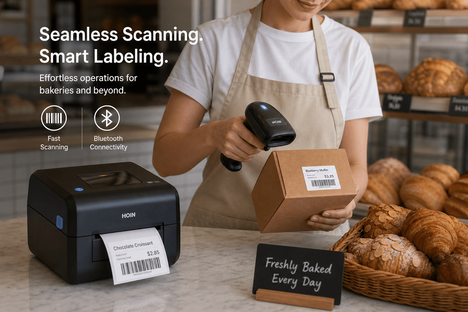Quick retail checkout at a bakery counter with scanner and label printer