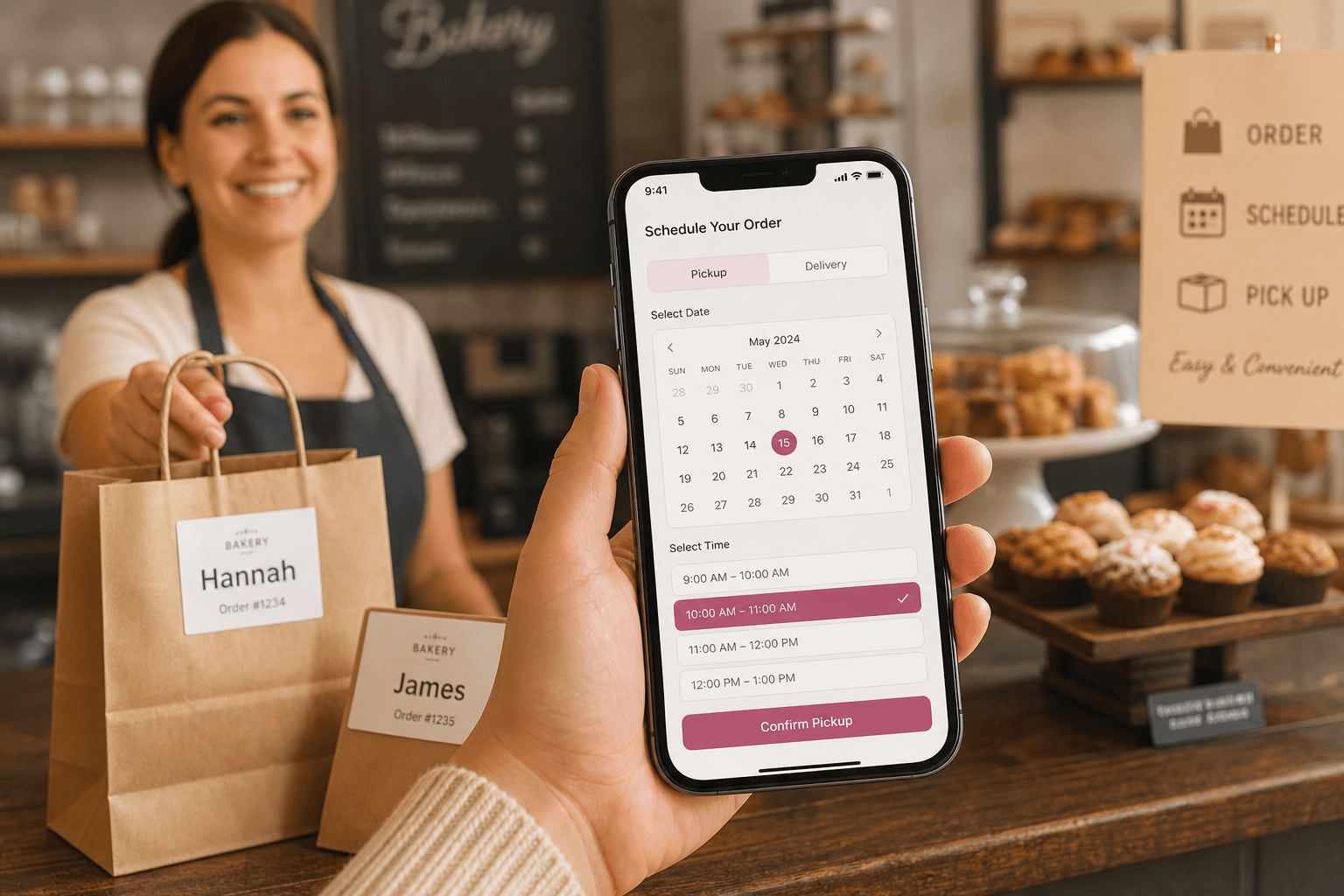 Customer choosing a pickup time on a phone at a bakery counter with order bags ready