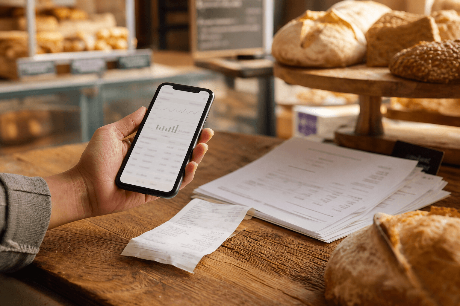 Phone photographing paper receipts and invoices on a bakery counter