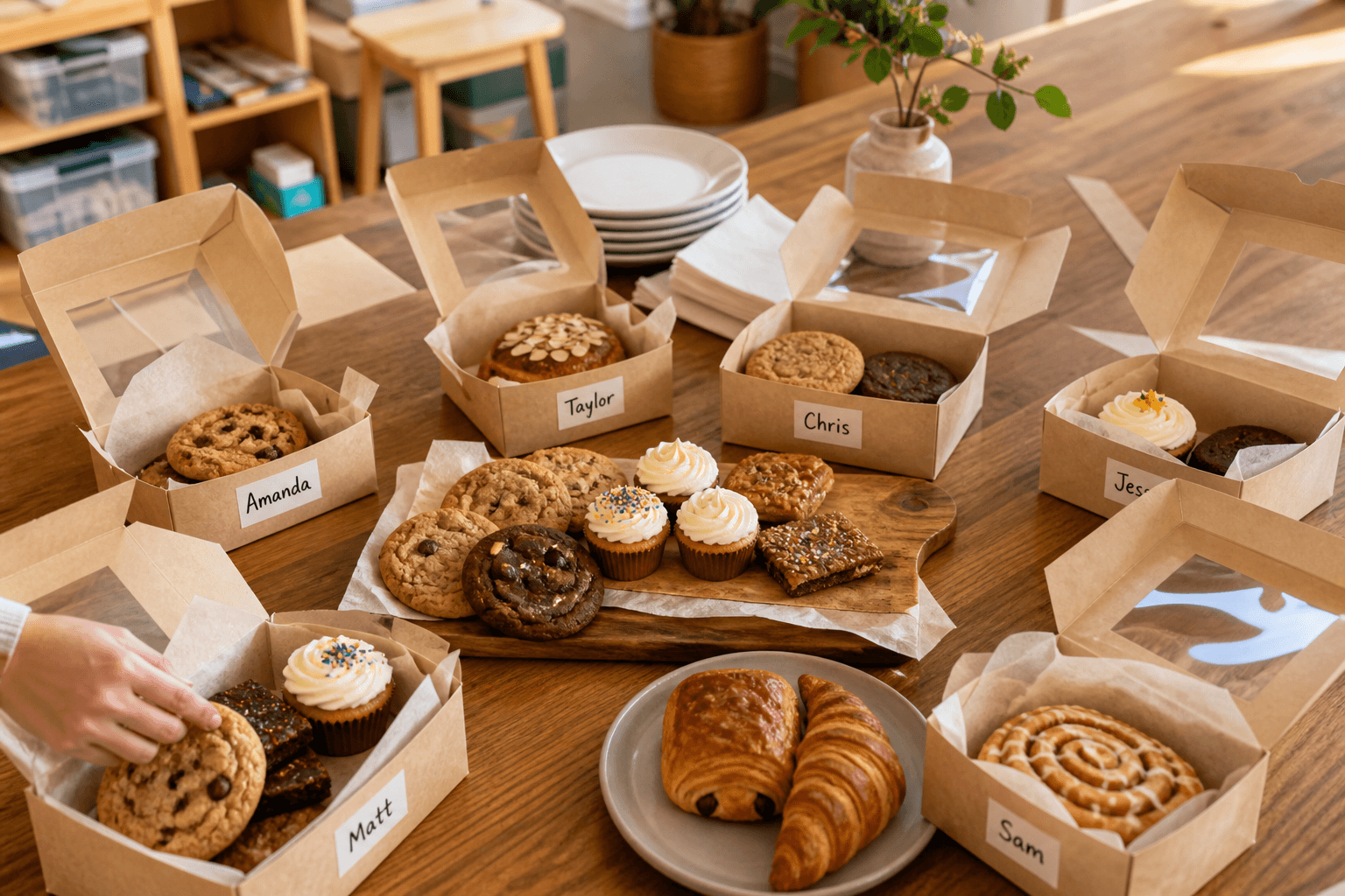 Labeled bakery boxes and a shared pastry spread for a team group order