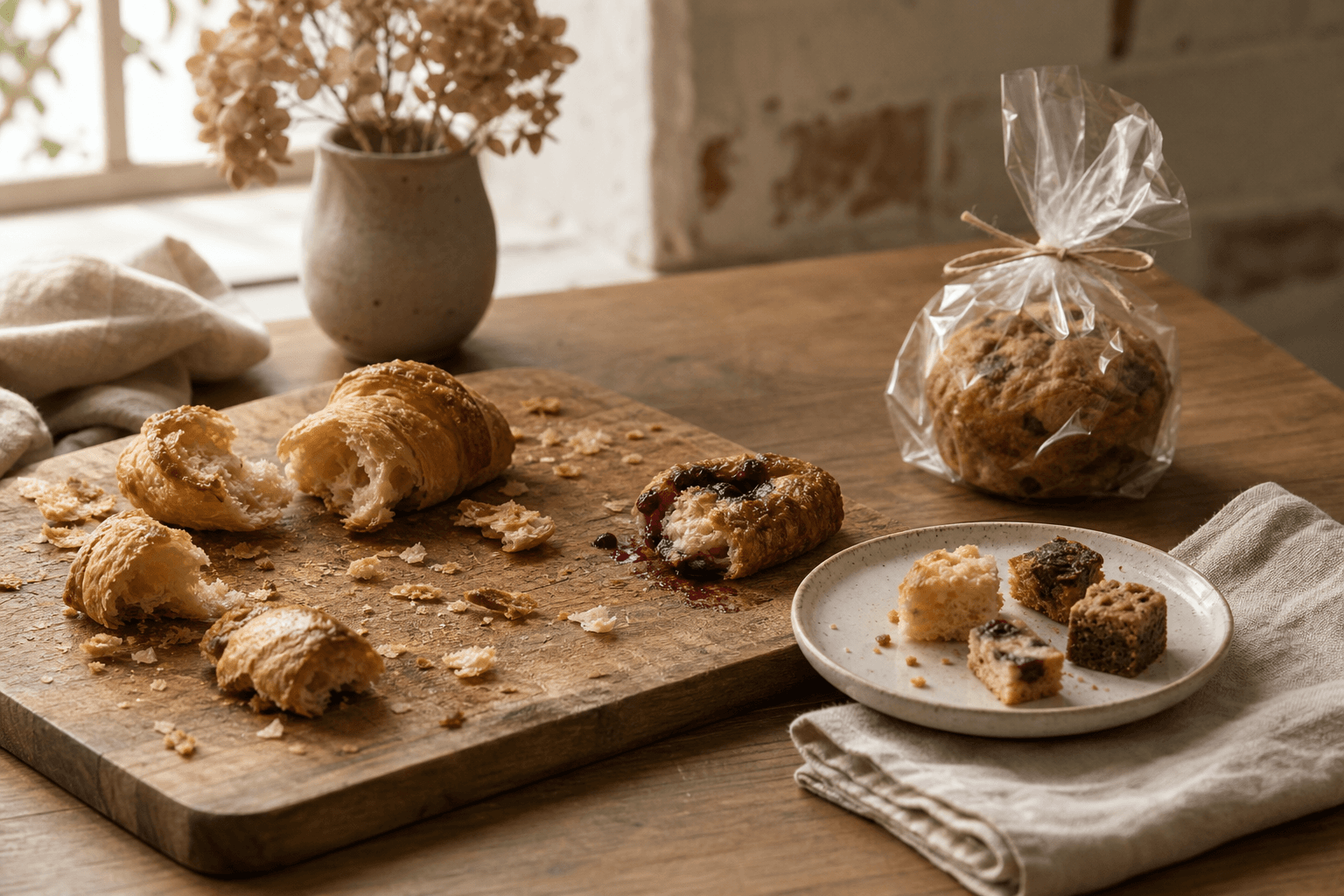 Pastry samples, a broken treat, and styled unsellable goods suggesting inventory loss
