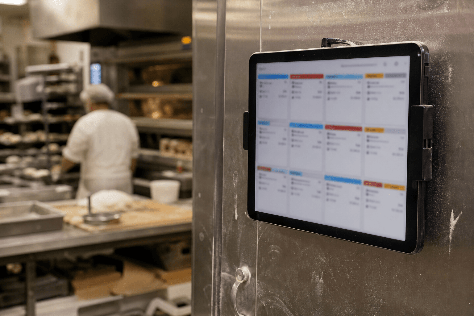 Kitchen production board with baking-day cards and trays of goods
