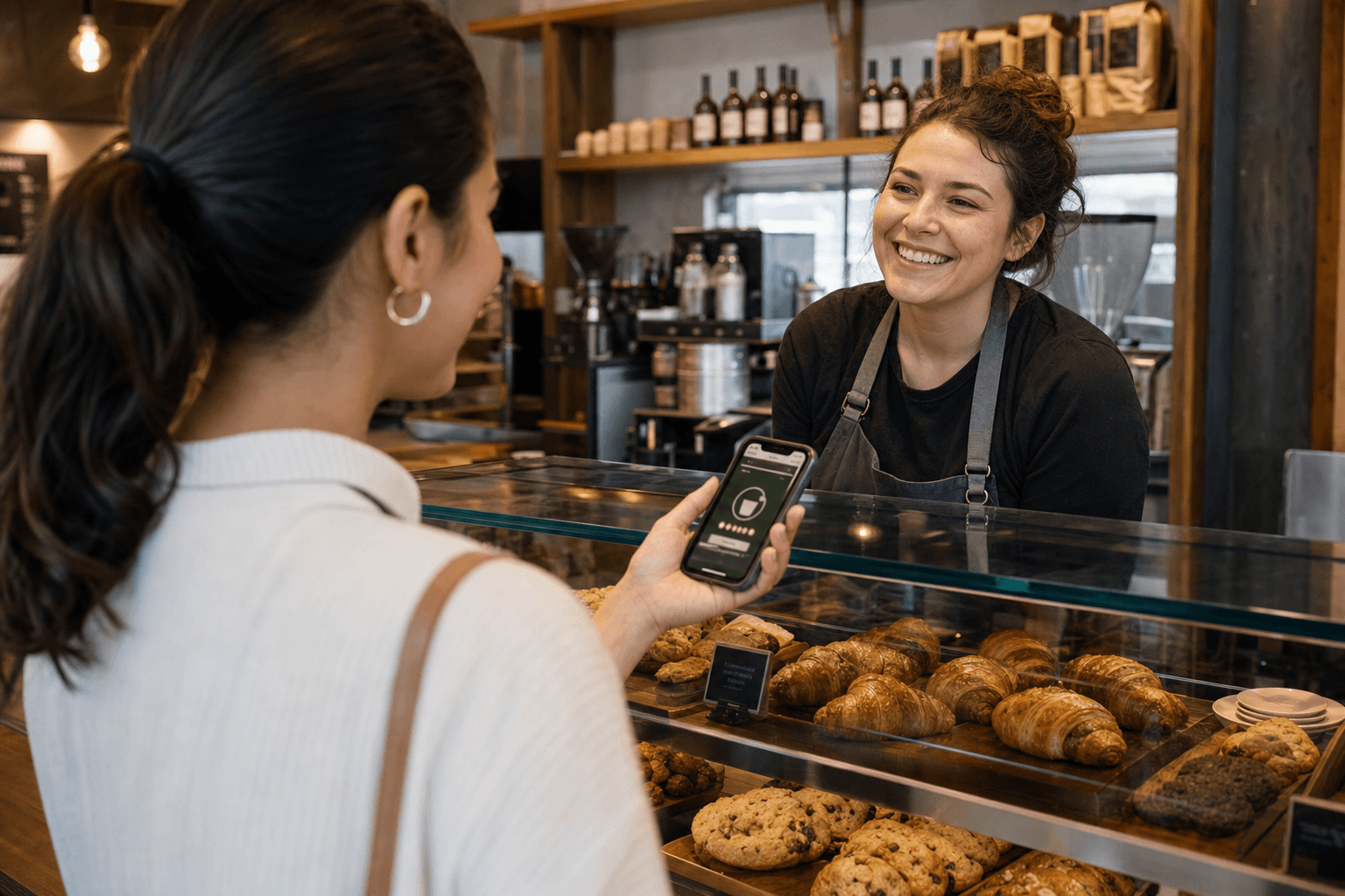 Customer at a bakery counter checking loyalty points and rewards on a phone