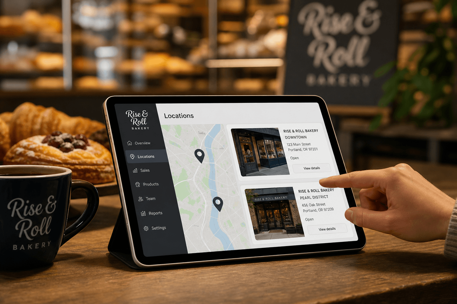 Team calendar with color-coded shifts across multiple bakery locations