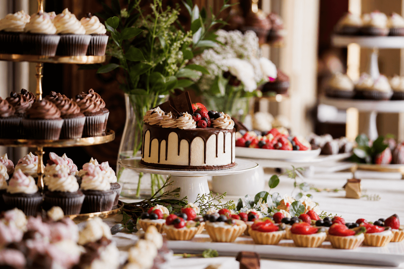 Warm dessert table spread with cupcakes and a small tiered cake suggesting party and catering packages on a bakery storefront
