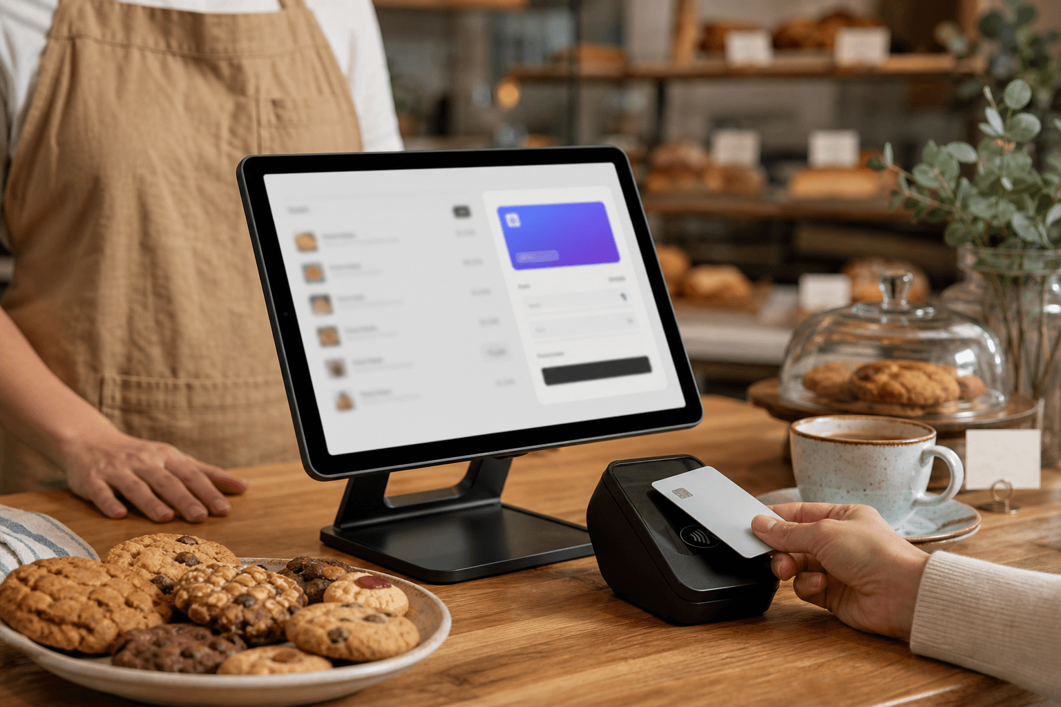 Contactless card payment at a bakery counter with a tablet checkout screen