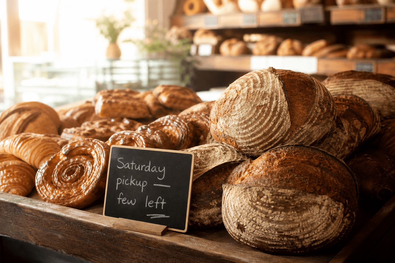 Artisan bakery counter with sourdough loaves, pastries, and a small sign noting limited Saturday pickup spots