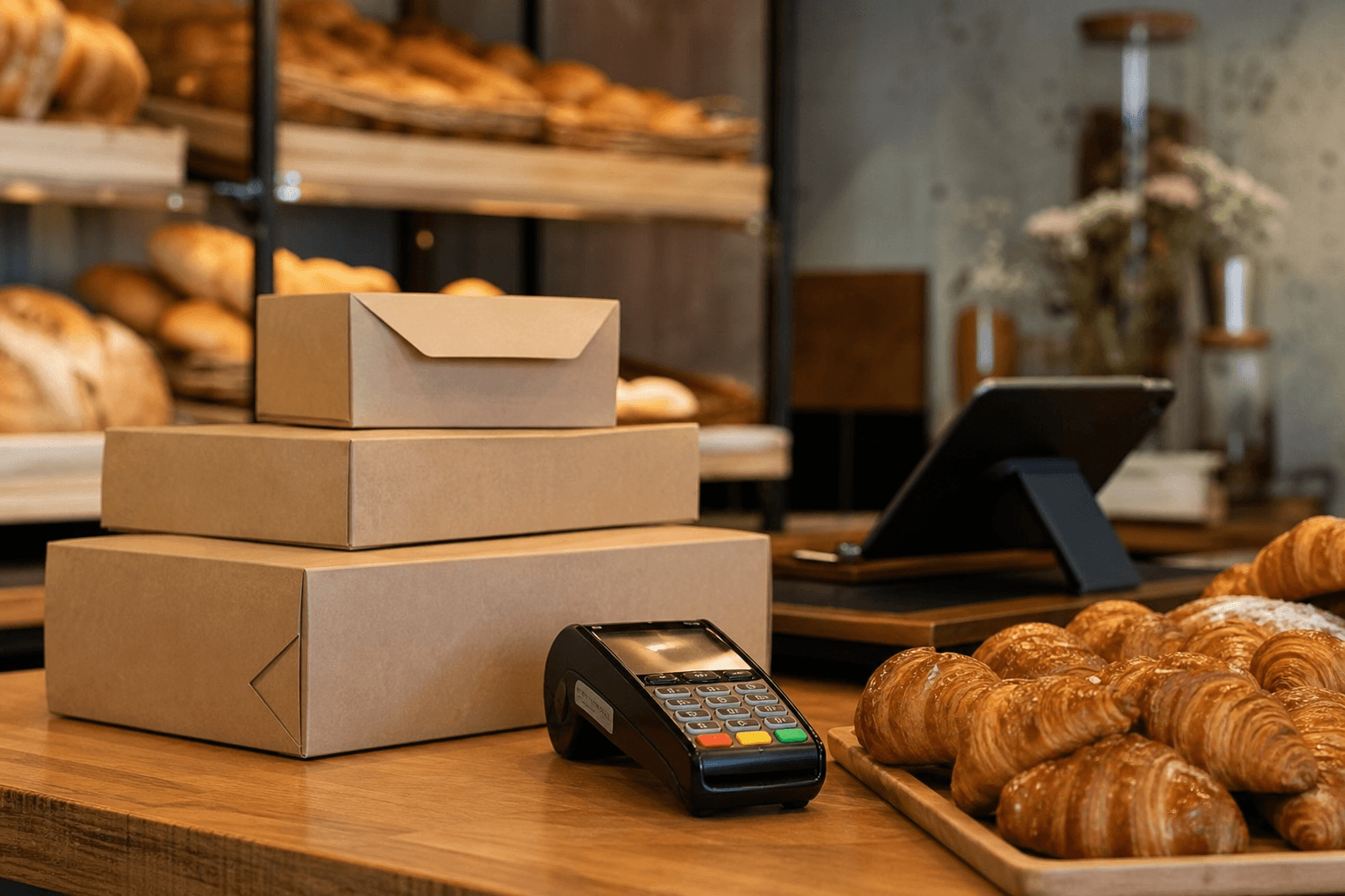 Quick retail checkout at a bakery counter with pastries and a tablet