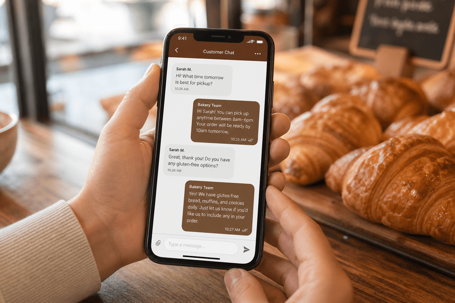 Phone showing a bakery storefront with the AI chat assistant open inside the shop screen