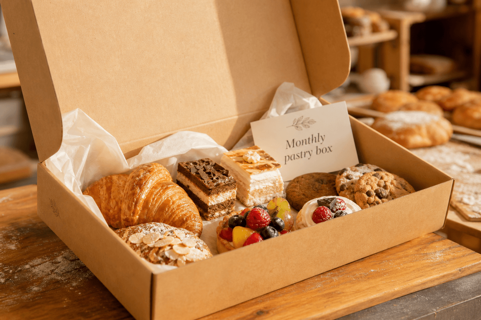 Open monthly pastry subscription box with croissants, cake slices, fruit tart, and cookies on a bakery counter
