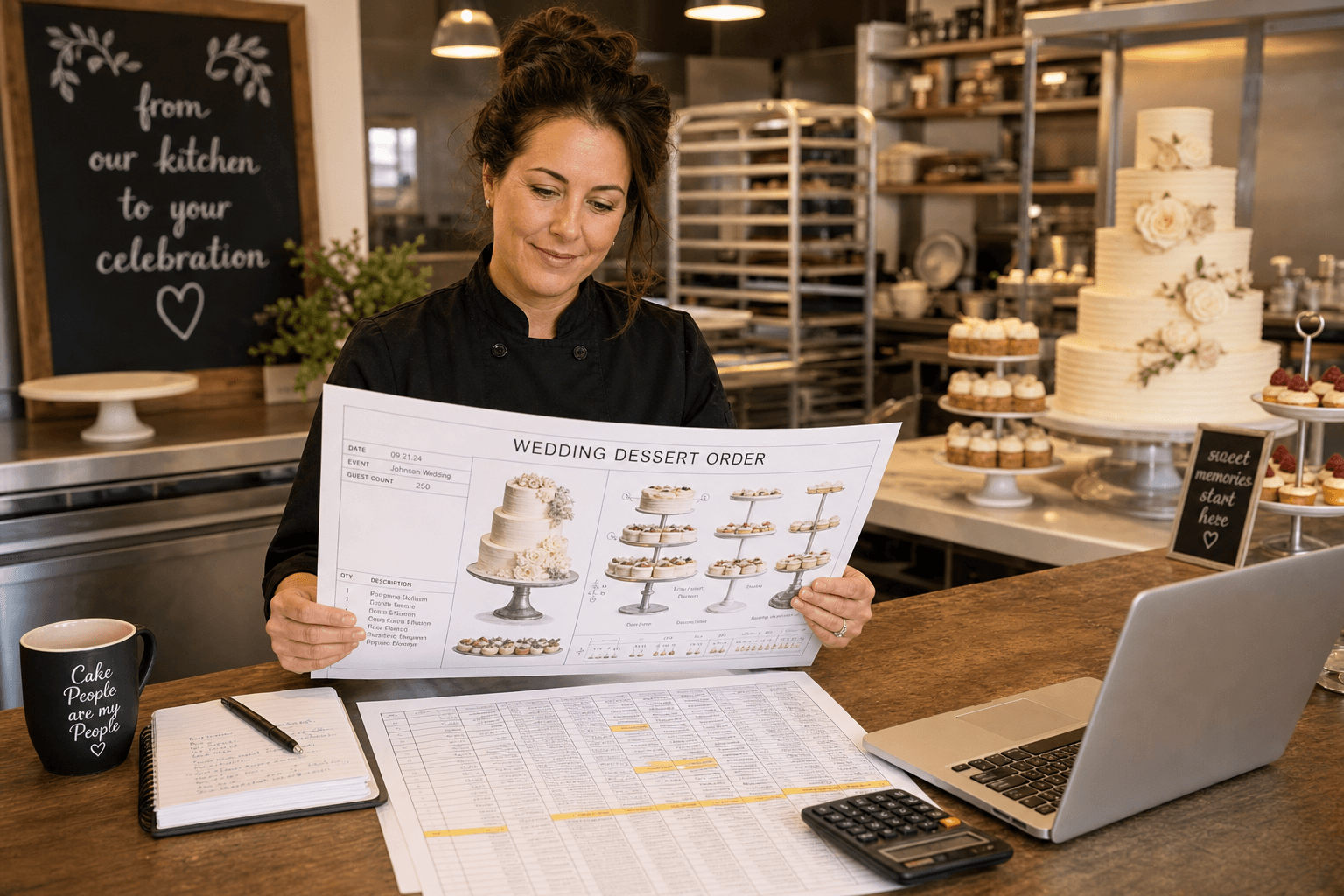 Bakery team reviewing a large custom order sheet with tiered desserts planned