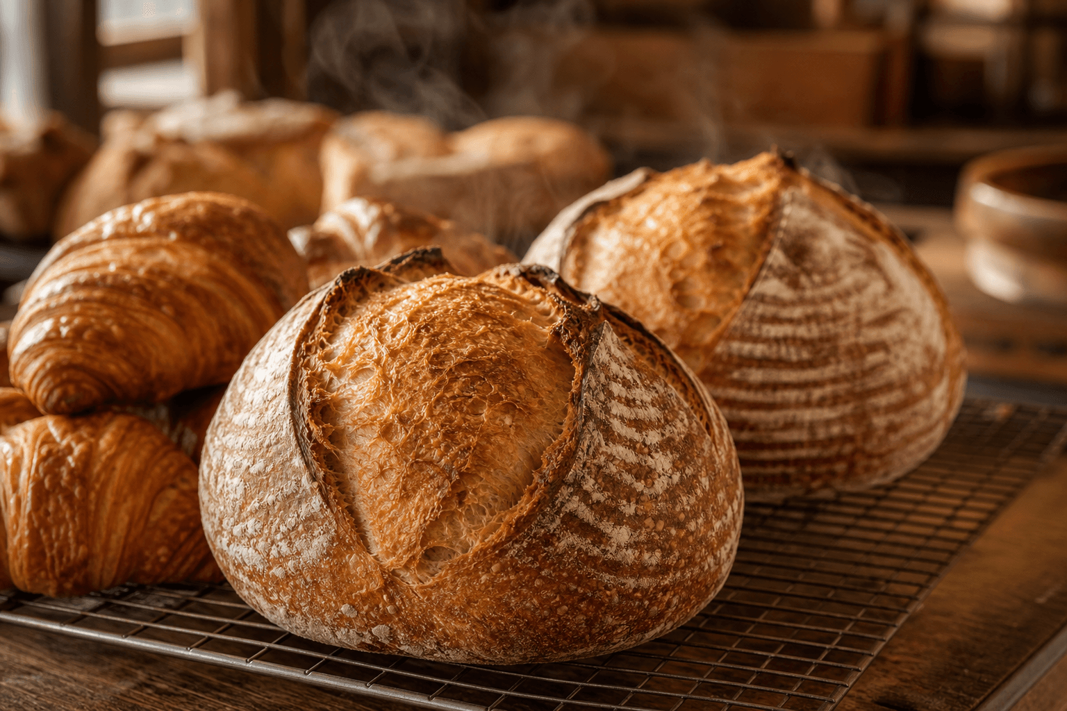 Fresh artisan loaves and pastries on a bakery counter — warm, appetizing scene