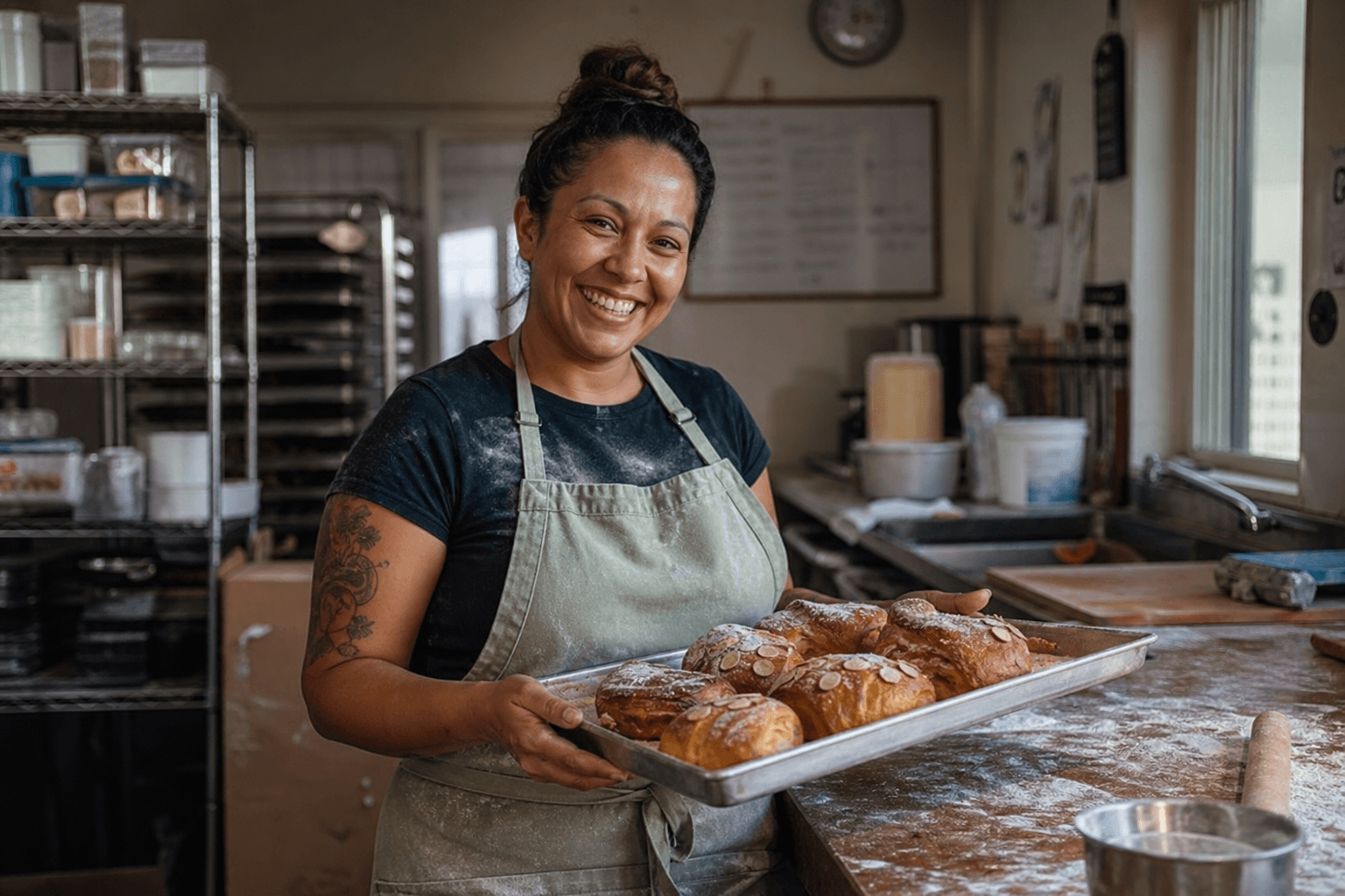 Baker working in a small commercial kitchen with trays of baked goods
