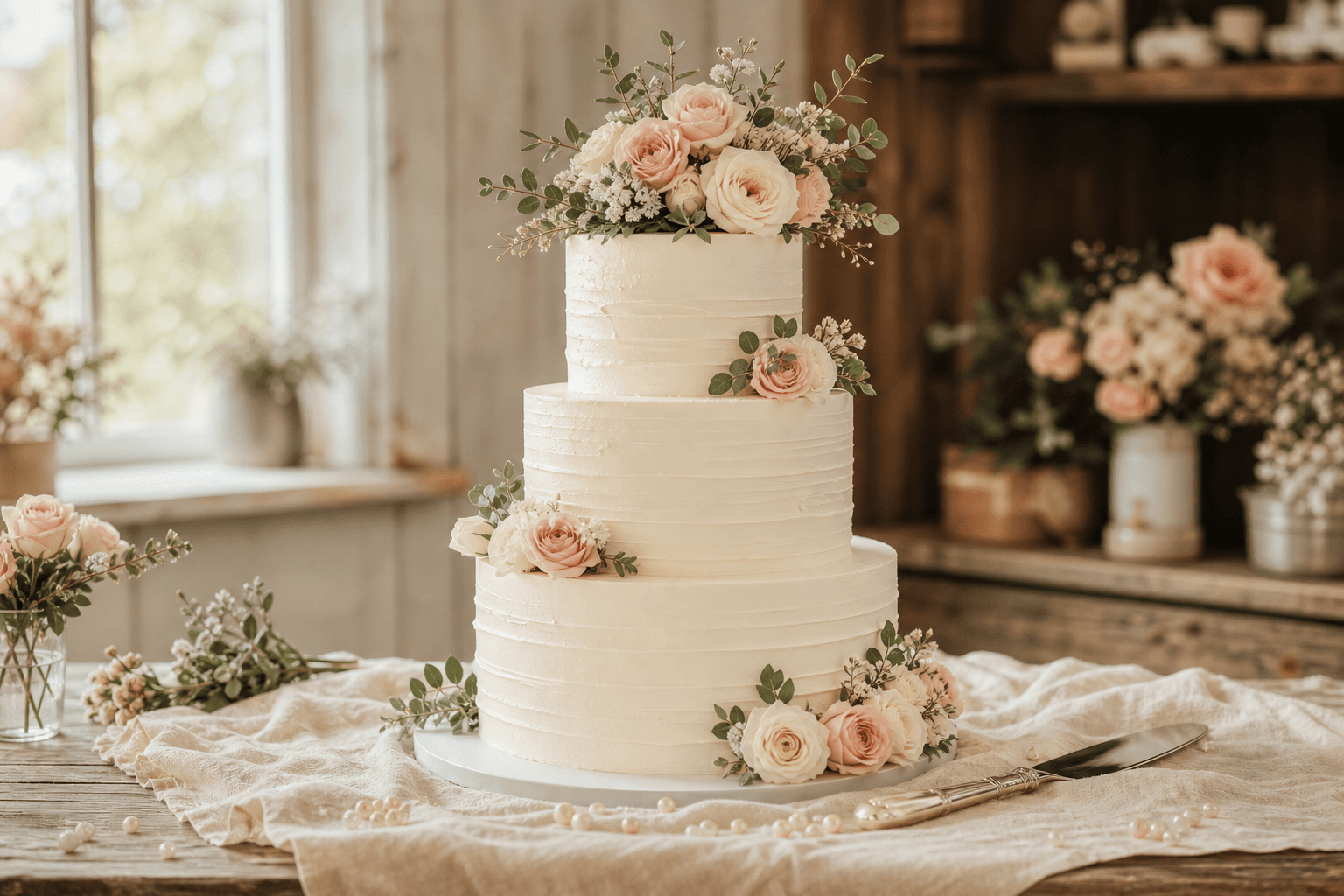Elegant tiered wedding cake with fresh florals on a linen-draped bakery table — warm editorial banner between marketing channels and social tools